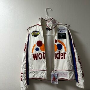 Amazon White Leather Jacket with Multicolor Accents/carley Bobby ID included